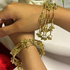 Gold bracelets on a person's wrist with a plant in the background